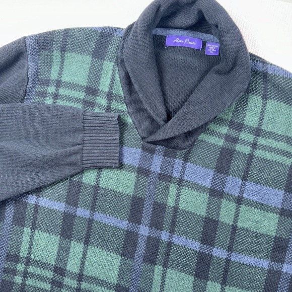 Alan Flusser XL Black Green Blue Plaid Golf Sweater Mens Shawl Collar V neck - Picture 1 of 9
